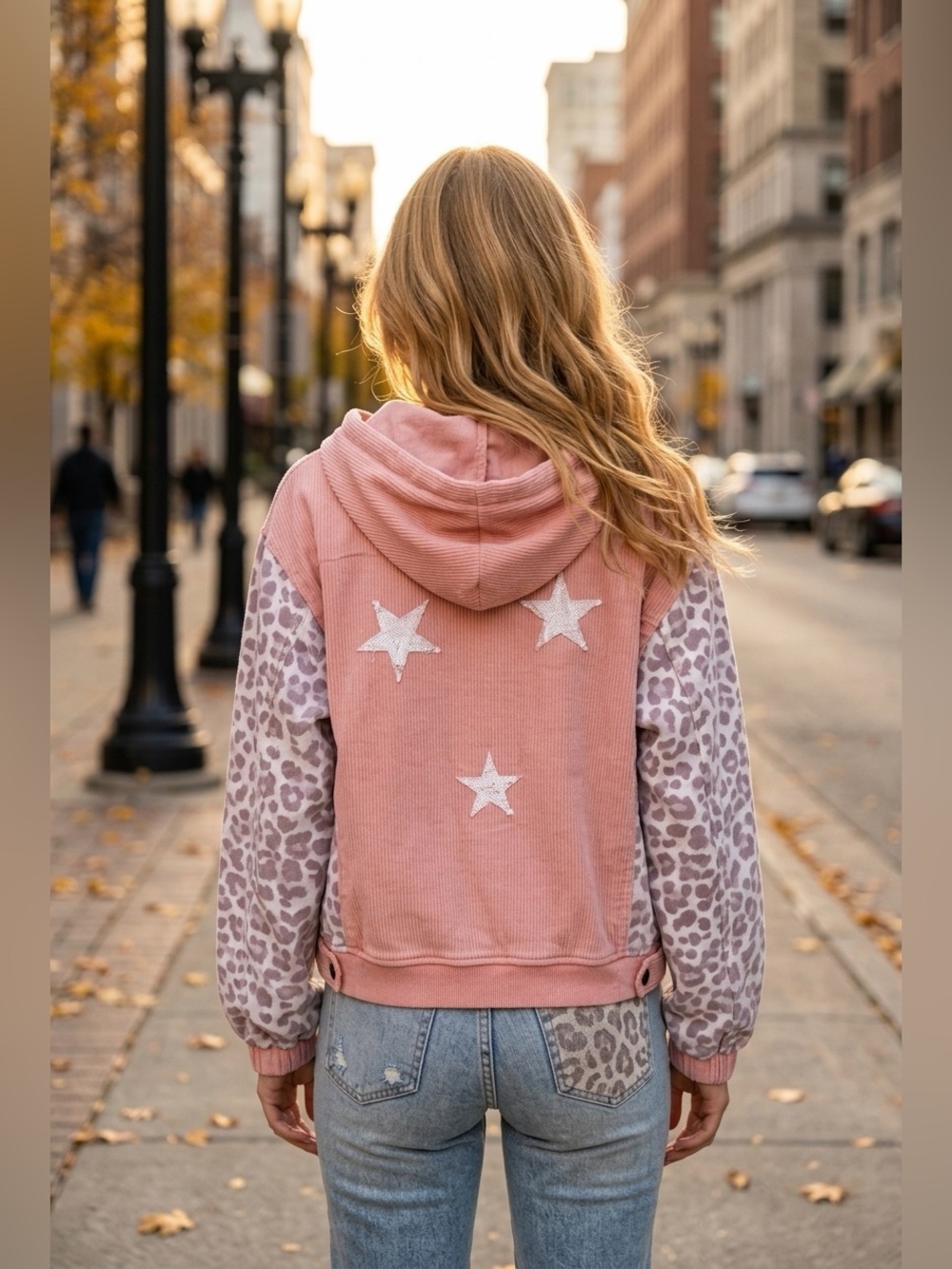 POL NWT Star & Leopard Accent Pink Set Zip Hoodie & Drawstring Waist Joggers SET - Picture 8 of 10